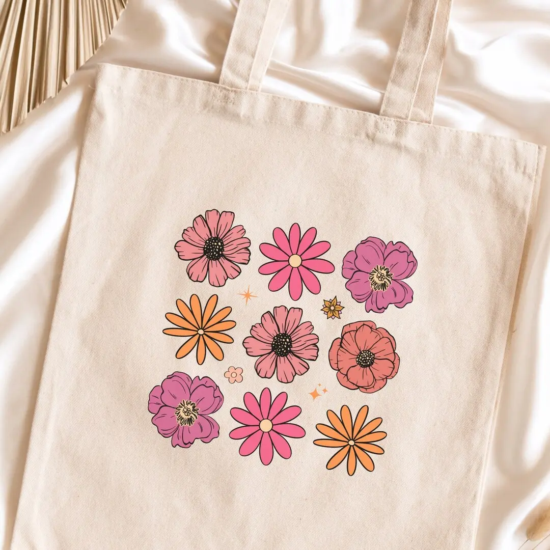 Floral Tote Bag, Daisies Tote Bag, Pink Floral Tote, Orange Floral Tote, Cute Floral Canvas Tote Bag