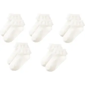 P-SOK019    Toddler Girls Ruffle Lace Trim Cotton Socks Eyelet Frilly Dress Socks 5 -Pack