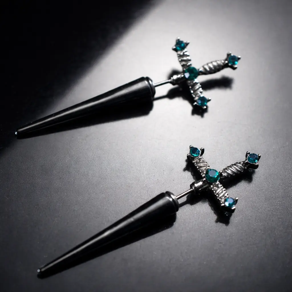 Gothic Sword Dangle Earrings - Rhinestone Decorated Bling Dagger Design Punk Style Statement Jewelry for Women, Festival & Party Accessories, Earrings For Women