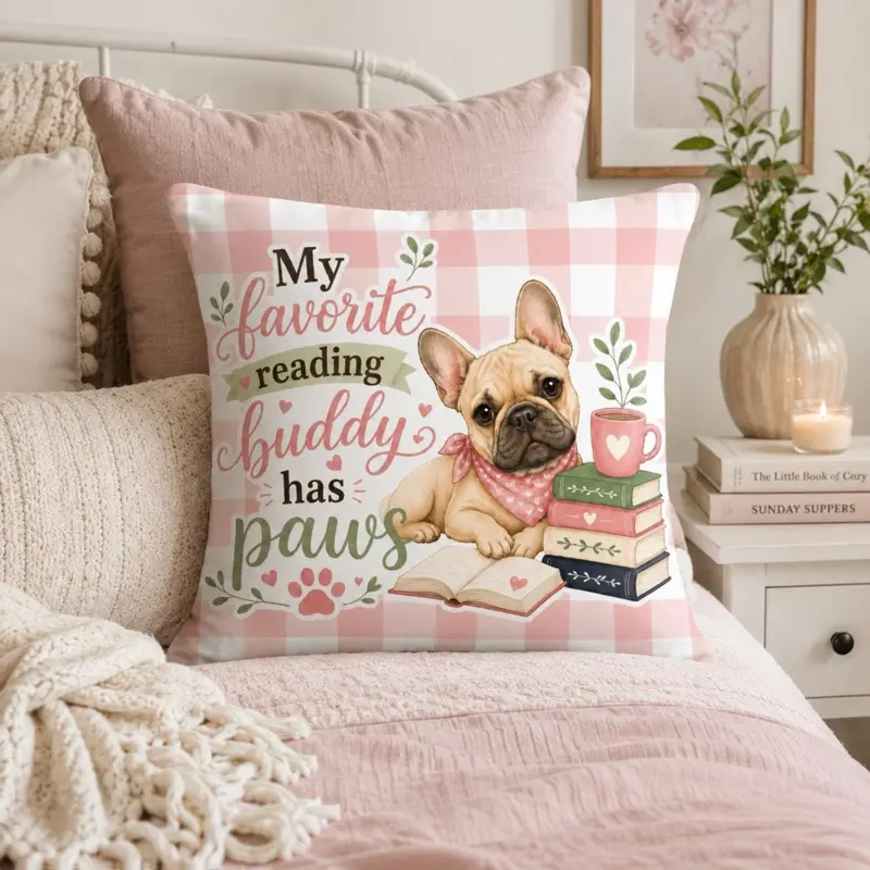 Book Lover Throw Pillow | French Bulldog Reading Pillow | Dog Lover Accent Cushion | Bookish Home Decor | Gift for Readers