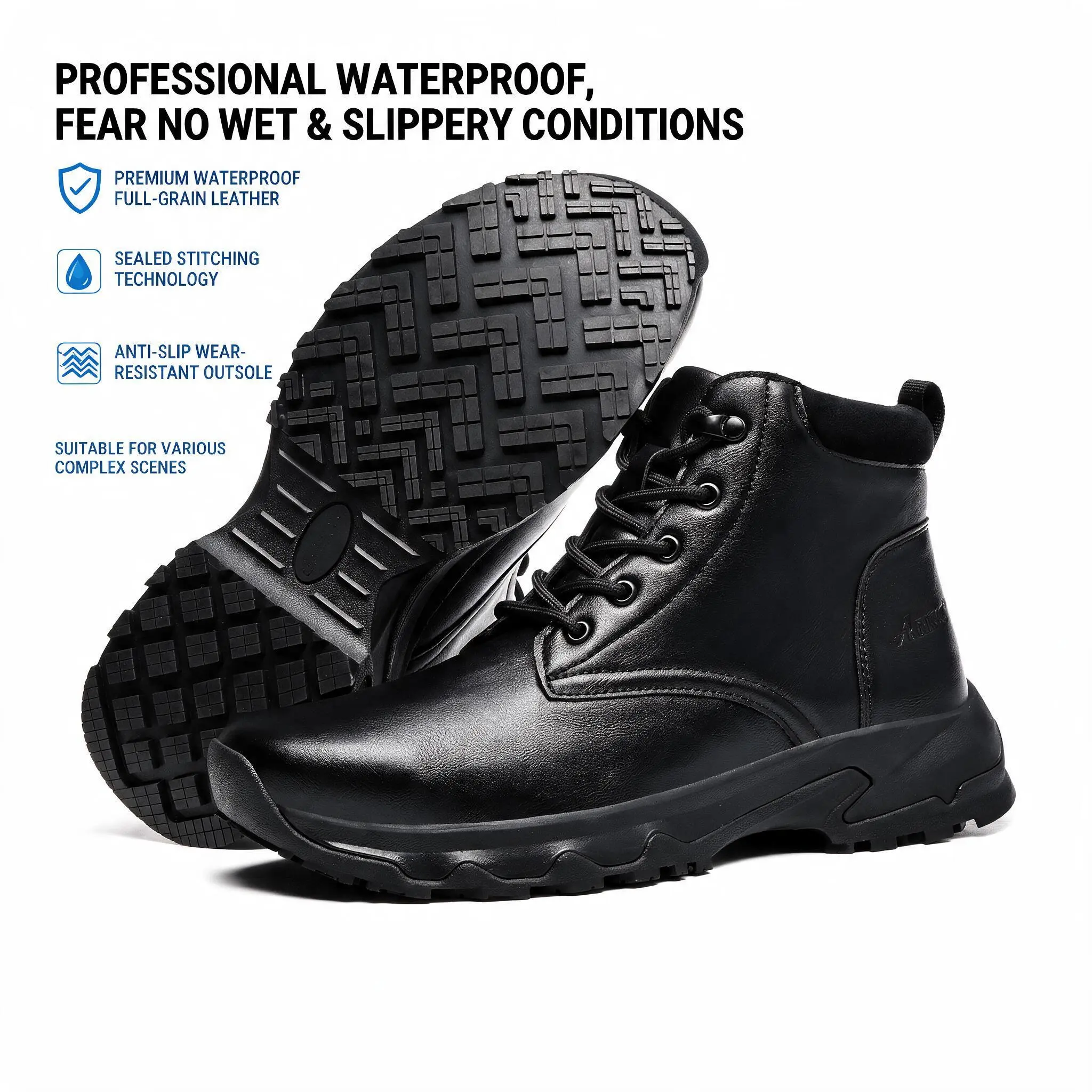 2026 New Waterproof Non Slip Leather Work Boots for Men Ankle Style Slip Resistant Shoes for Chef Kitchen Restaurant Food Service Outdoor Fashion Footwear