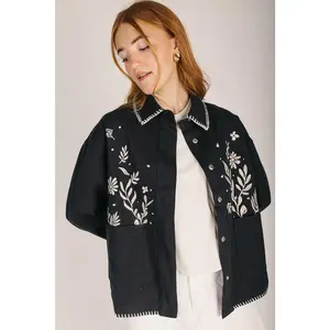 The Keeney Floral Embroidered Cotton Jacket in Navy