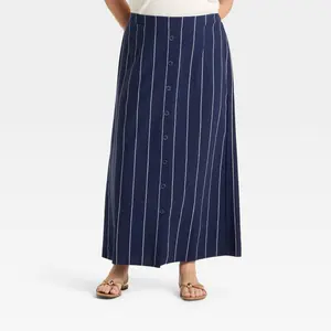 Women's Button-Front Maxi Skirt - Ava & Viv Navy Blue Pinstripe XXL