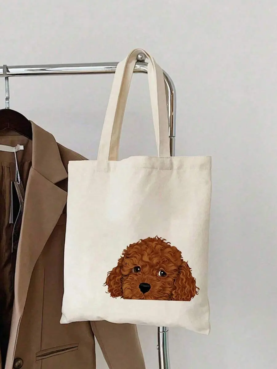 Fashion Poodle Printed Linen Tote Bag, Reusable Printed Handbag For Women, Dual Handle Shopping Bookbag, Large Capacity Shoulder Bag, Casual Tote Bag, Christmas Storage Bag, Suitable For Commuting, School, Shopping, Outdoor Activities, Great Gift For Fri