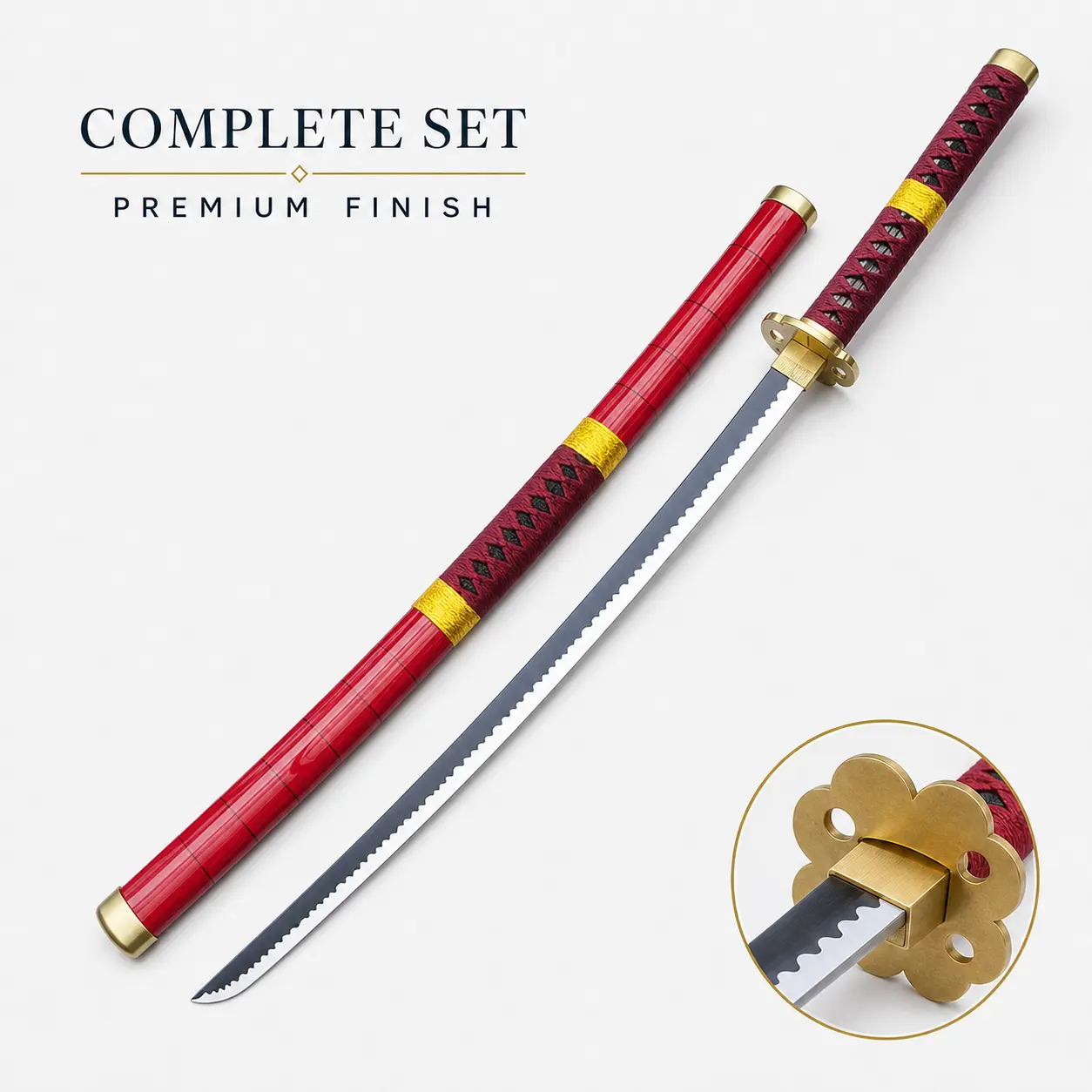Sandai Kitetsu Katana Sword - Full-Size Roronoa Anime Cosplay Toy Sabre for Adults, Wave-Pattern Detailing, Red Wrapped Handle, Matching Red Saya, Decorative Prop for Comic Con, Display (for Anime Fans)