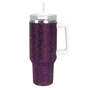 Cupcupmore 40 oz Grape Purple Bling Rhinestone Stainless Steel Sippy Tumbler Glitter Vacuum Insulated Thermal Water Bottle with Straw & Lid &Handle,Sparkle Car Cup Holder,Keeps Cold 12 Hours Drinks,Coffee