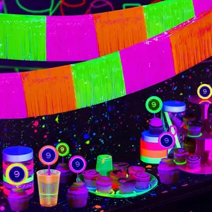 4pcs Neon Parade Floats Trailer Car Wavy Foil Fringe Garland Tinsel Streamers Hanging Banner for Graduation Wedding Bridal Shower Birthday Pride Neon Party Decoration