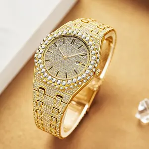 Iced Out Gold Watch for Women - Bling Full Diamond Luxury Bangle Watch with Date Display,Perfect Holiday Gift