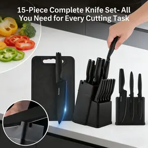 Professional Kitchen Knife Set, 15 Pieces, with Knife Block and Knife Sharpener - Heavy Duty Stainless Steel Ultra-Sharp V-Blade, Dishwasher Safe, Santoku Knife, Fruit Knife, Steak Knife and Scissors, Best Selling Knives for Black Friday, Christmas Gift