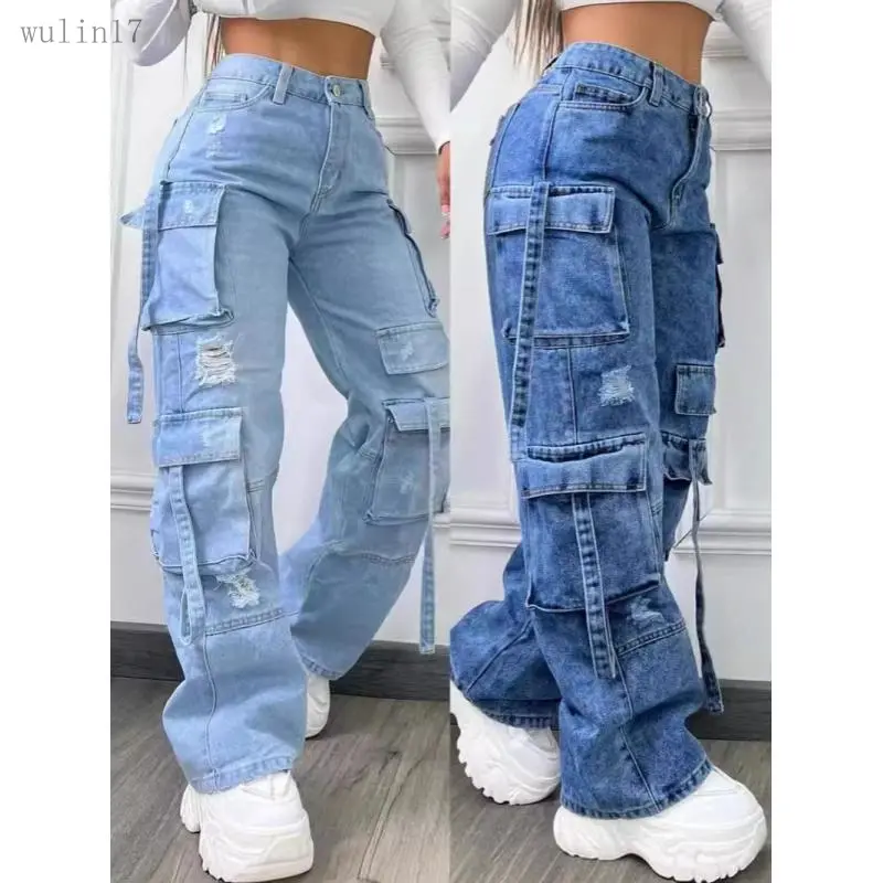 2026 New Fashionable Solid Color All-Matching plus Size High Waist Multi-Pocket Leisure Cargo Denim Trousers for Women Pants Jean Womenswear Bottom