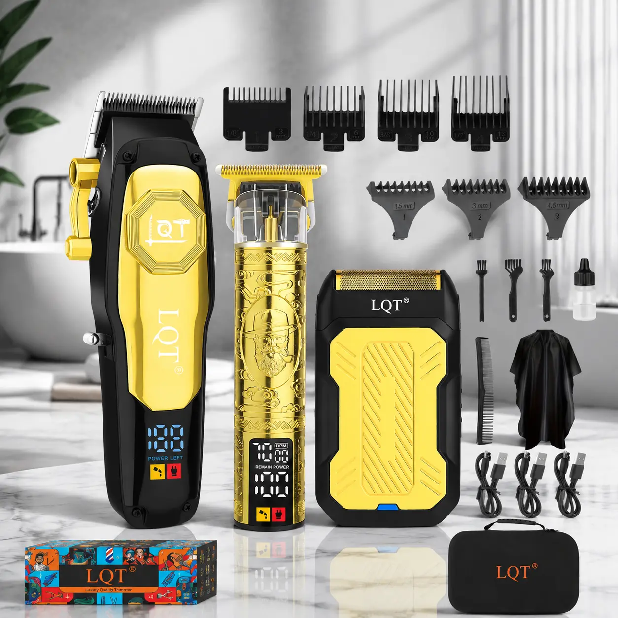 LQT Professional 3-in-1 Cordless Men's Hair Clippers Set, Barber Grooming Kit with Hair Clipper, Detail Trimmer, Foil Shaver, Stainless Steel Blades, Powerful Motor, LED Display, Adjustable Blade for Home & Barber Use
