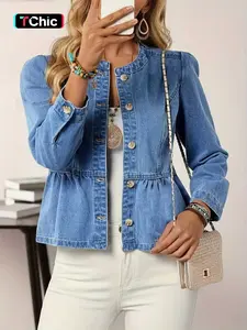 Women's Elastic Denim Long Sleeve Jacket, Vintage Hand-Stitched Button Design, Casual Fashion Outerwear for Daily Wear