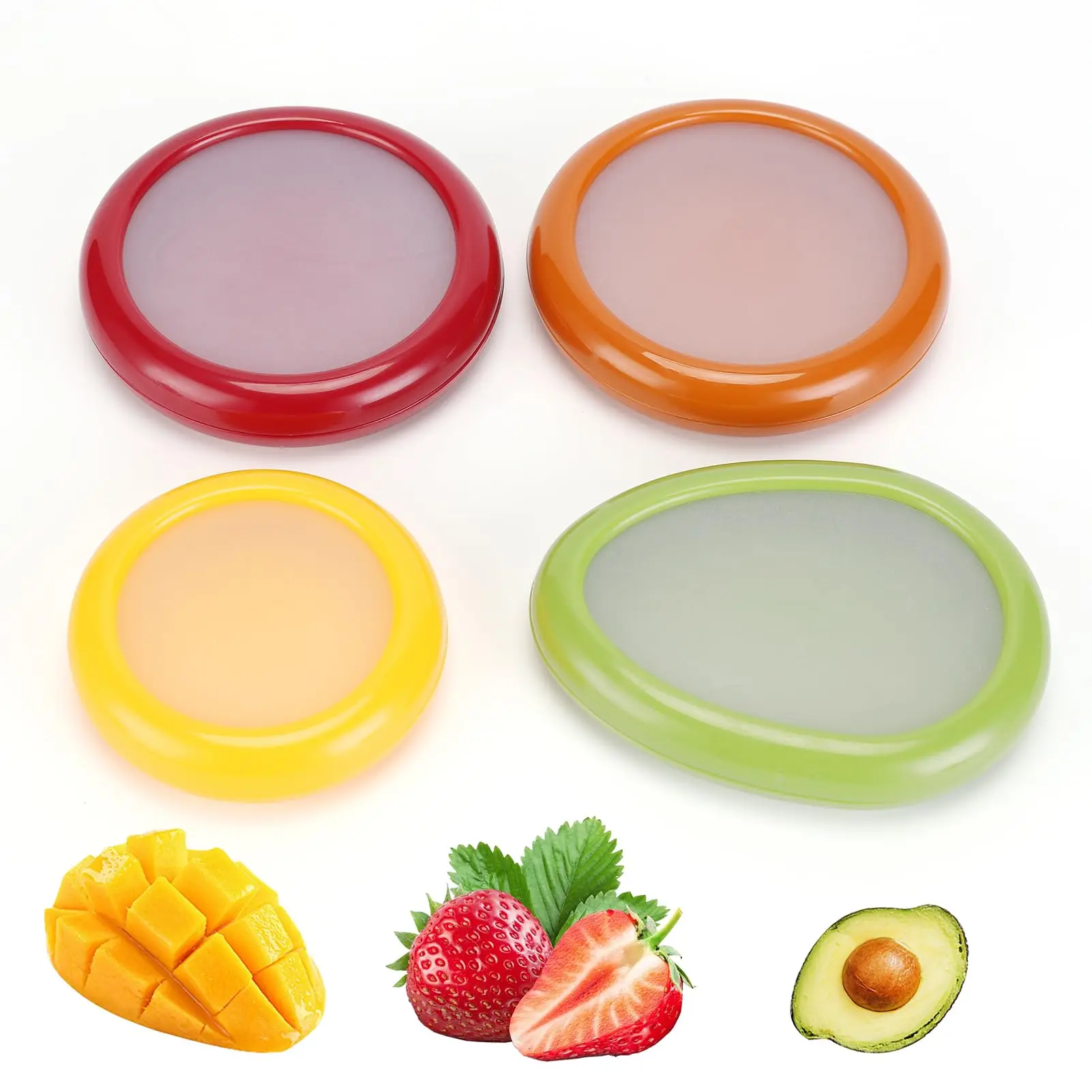 Reusable Avocado Saver 4-Piece Set with Airtight Seal Covers & Lids, Plastic-Silicone Kitchen Preserving Containers for Onion, Tomato, Lemon Storage & Meal Prep, Cover, Four Pieces