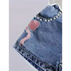 2pcs Girls' jeans, T-shirt + wide-leg skirt set, embroidery and nail beads, Youngsters's fashionable cute pink bow print short-sleeved top + embroidered fashion pants, style casual clothing suit, suitable multiple scenes, Perfect f