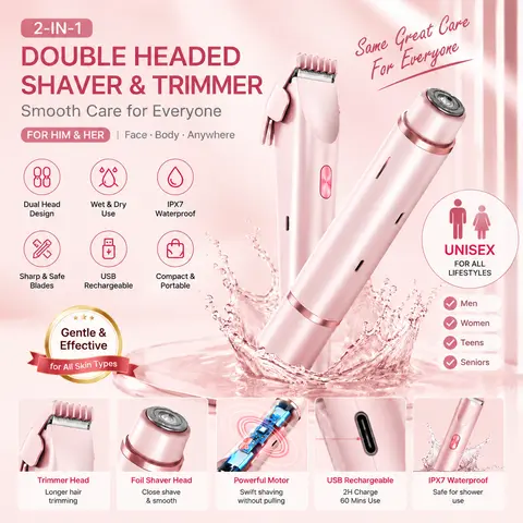 2-in-1 Electric Razor for Men and Women | Foil Shaver + Hair Trimmer | IPX7 Waterproof Wet Dry | USB-C Rechargeable | Portable Mini Body Groomer for Face, Arms, Legs, Bikini