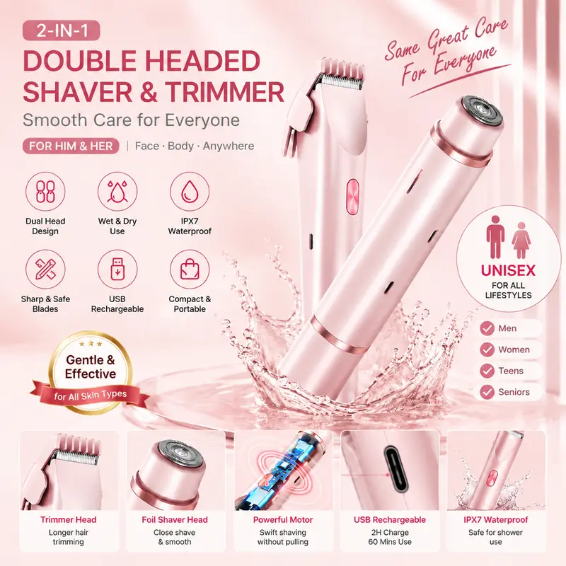 2-in-1 Electric Razor for Men and Women | Foil Shaver + Hair Trimmer | IPX7 Waterproof Wet Dry | USB-C Rechargeable | Portable Mini Body Groomer for Face, Arms, Legs, Bikini