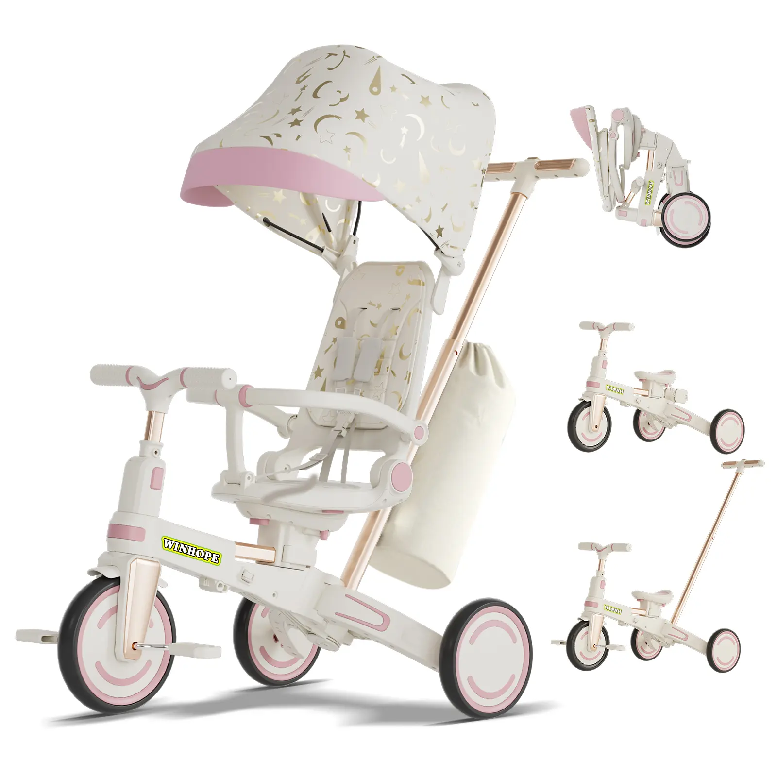 WinHope 9-in-1 multifunctional tricycle for toddler outings, adjustable parent push bar, 360° rotating seat with sun canopy, safe children’s ride-on vehicle, suitable for ages 1–6