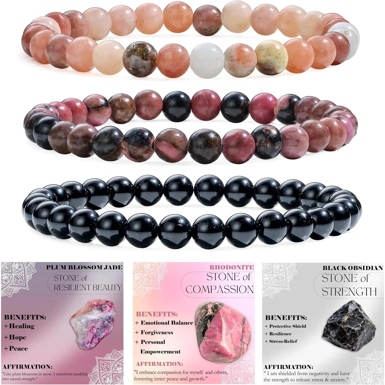 Plum Blossom Jade + Rhodonite + Black Obsidian
