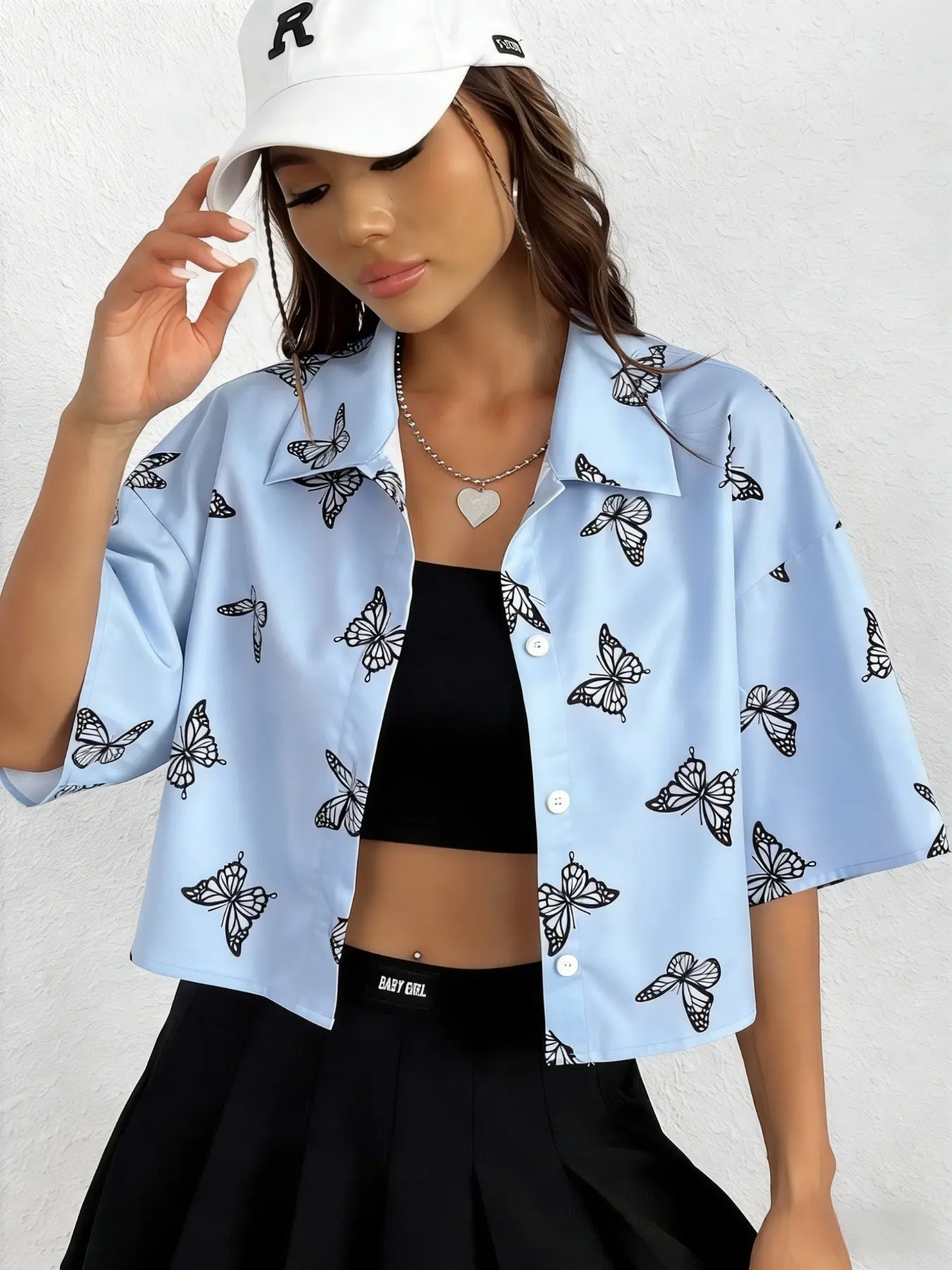 Women's Butterfly Print Crop Top, Half Sleeve Lycra Shirt, Blouse, Elastic Button Crop Top, Casual Summer Top for Girls