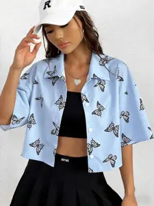 Women's Butterfly Print Crop Top, Half Sleeve Lycra Shirt, Elastic Button Crop Top, Casual Summer Top for Girls