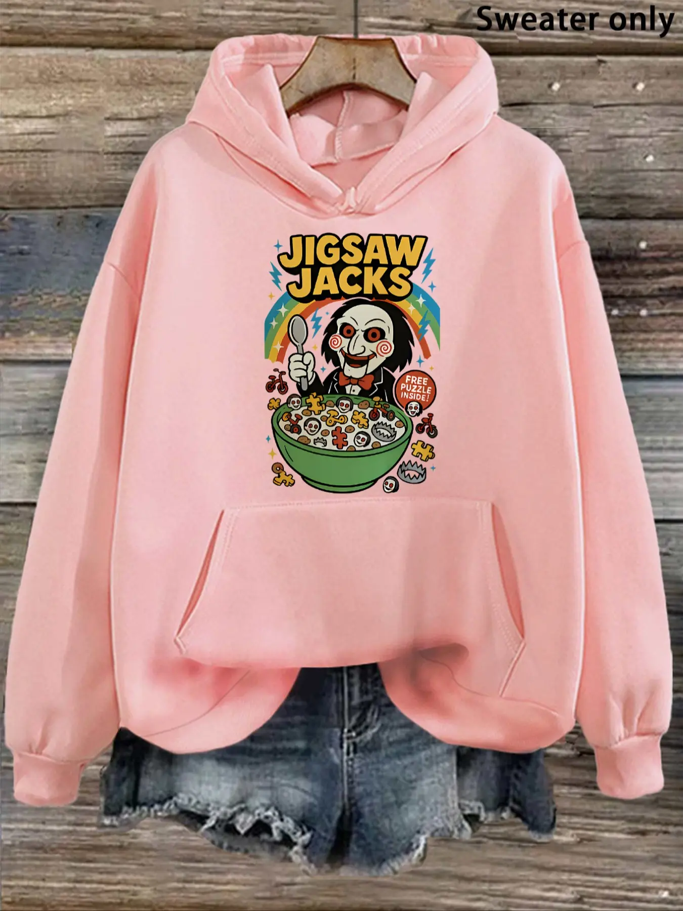 Dark Fun Jigsaw Jacks Spooky Cartoon Print Hoodie, Cool Eye-Catching Loose Drawstring Hooded Sweatshirt, Casual Fall & Winter Wear
