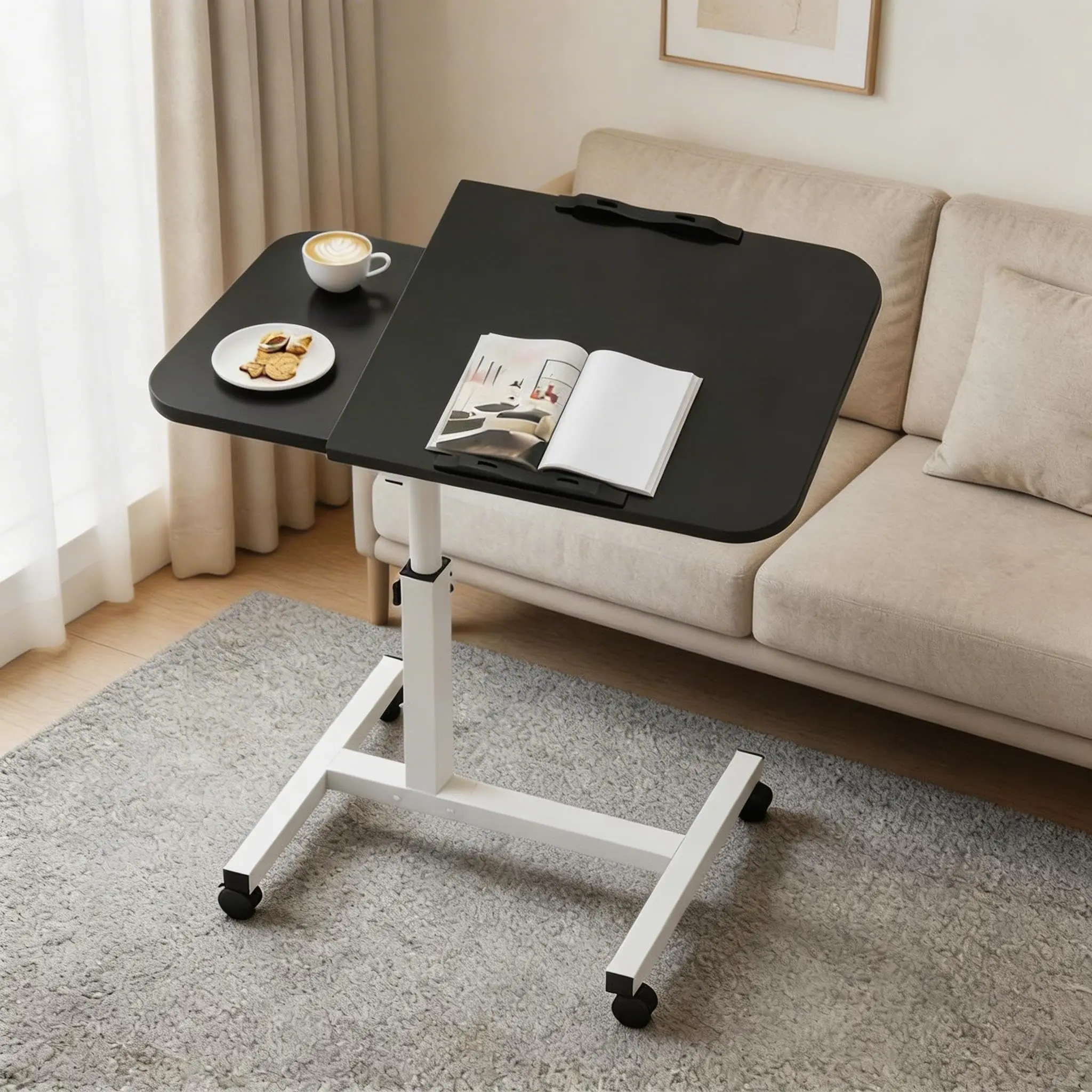 Garvee Over Bed Table Hospital Bed Table with Anti-Slip Strip, Adjustable Height (60-95CM) Overbed Table with Wheels for Hospital Living Room Bedroom, Black
