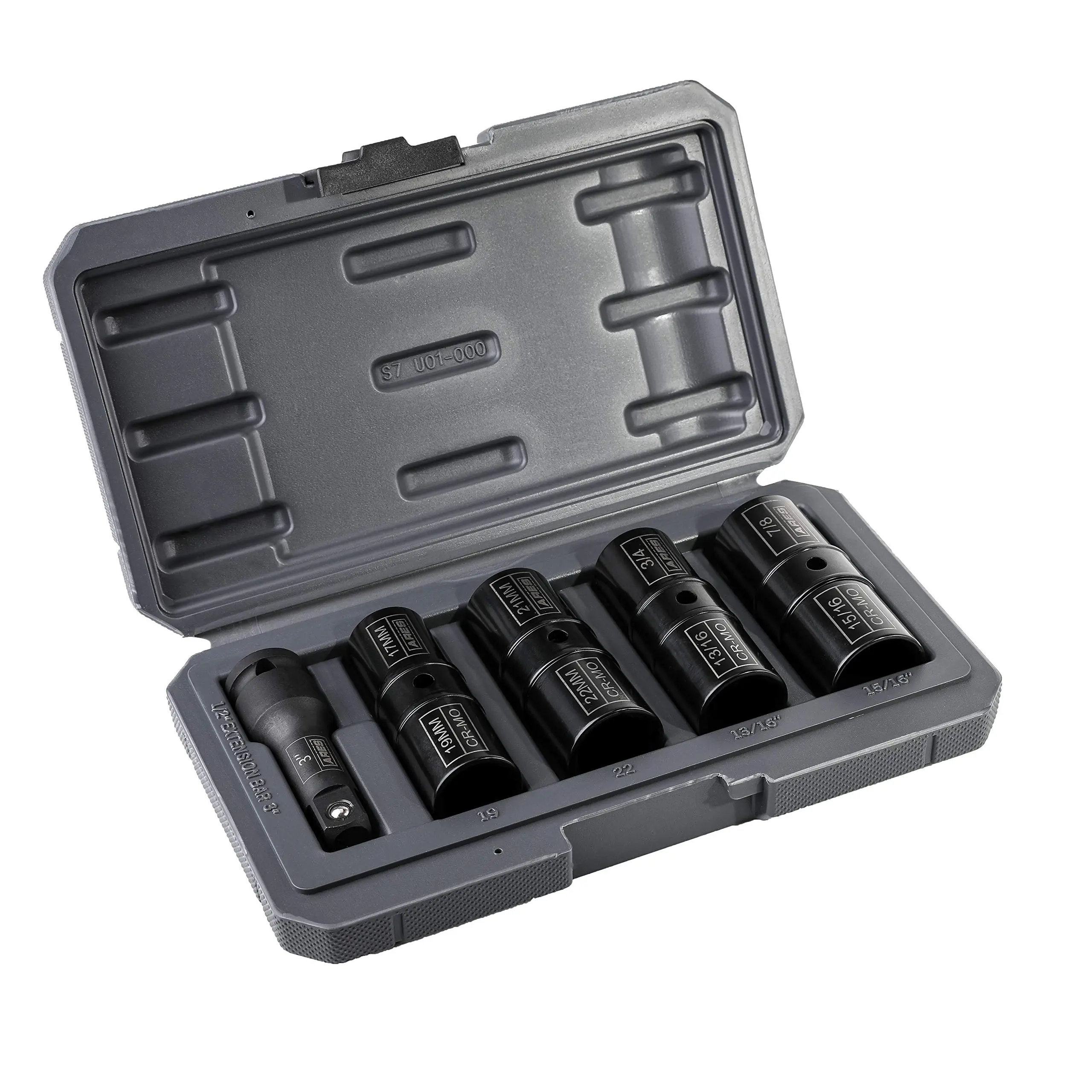 ARES 59010-5-Piece 1/2-inch Drive Lug Nut Flip Socket Set - Includes 17mm, 19mm, 21mm, 22mm Metric Sizes & 3/4-Inch, 13/16-Inch, 7/8-Inch, 15/16-Inch SAE Sizes - Impact Grade Chrome-Moly Steel