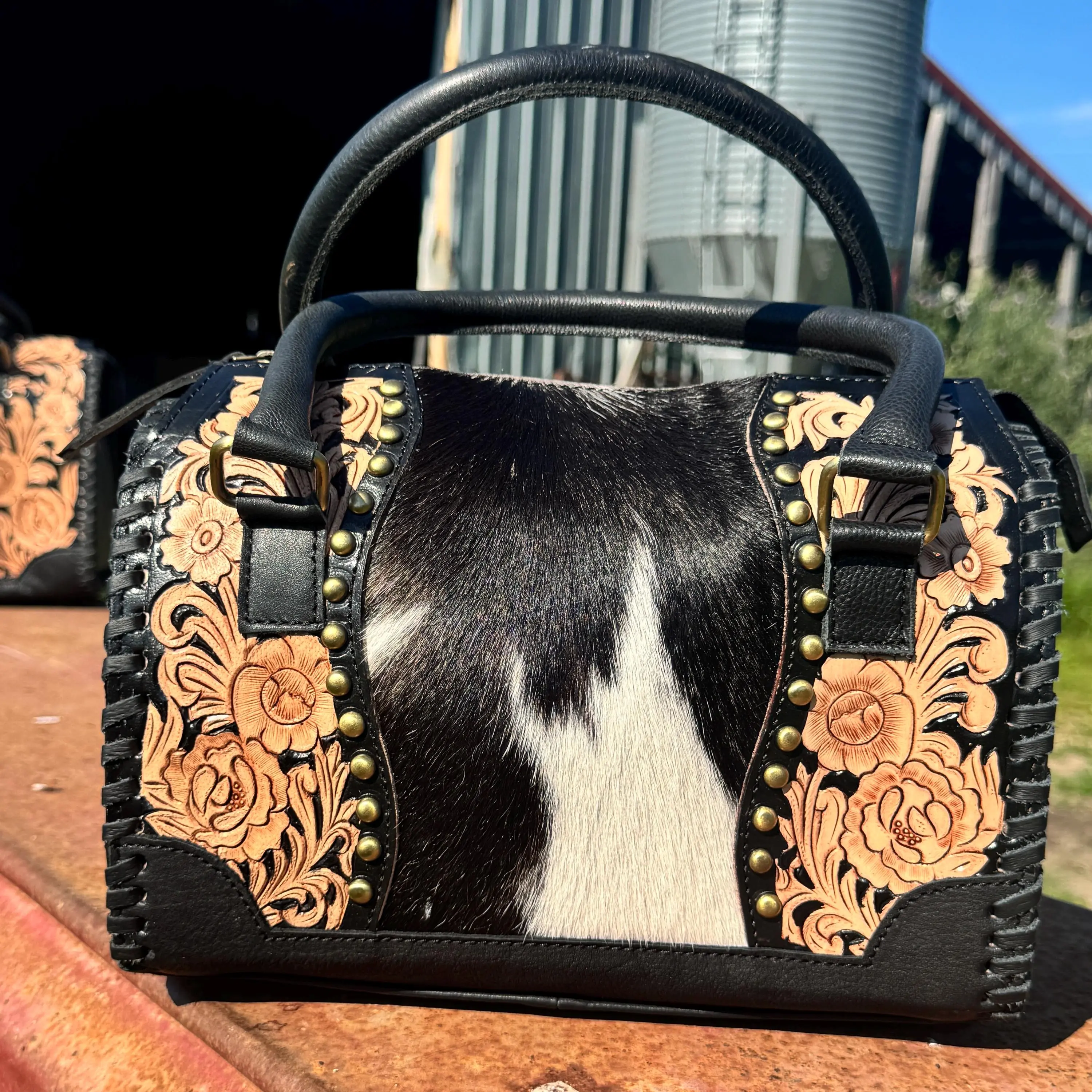Black Prairie Rose Speedy Western Genuine Leather Barrel Bag Purse by Double B
