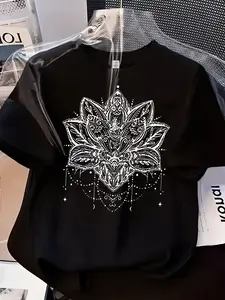 Mandala Pattern Line Print Womens Crew Neck Short Sleeve T Shirt Top Three Colors Available Boho Style Loose Fit Soft Breathable Casual Versatile For Daily Commute And Travel