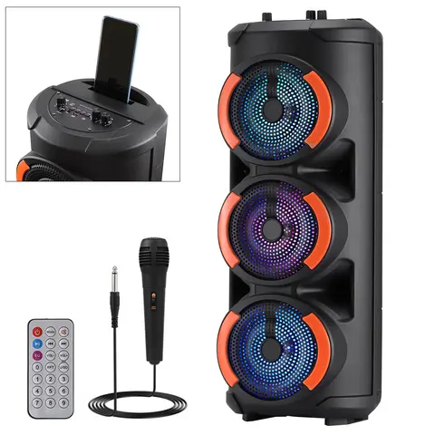 Portable Bluetooth PA Speaker with 3x6.5" Woofers, Wireless Karaoke Function, TWS Connectivity, Rechargeable Battery, FM Radio, Remote Control, Microphone, Colorful LED Lighting, Stereo Audio, Wired Cable, Easy-Use Buttons, Charging, Plastic, Memory
