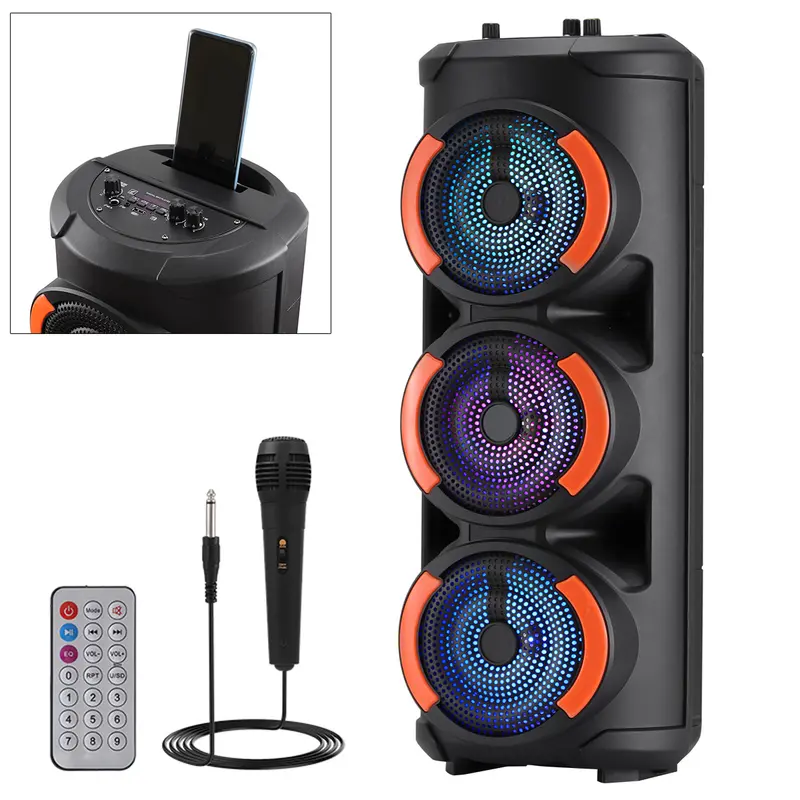 Portable Bluetooth PA Speaker with 3x6.5" Woofers, Wireless Karaoke Function, TWS Connectivity, Rechargeable Battery, FM Radio, Remote Control, Microphone, Colorful LED Lighting, Stereo Audio, Wired Cable, Easy-Use Buttons, Charging, Plastic, Memory