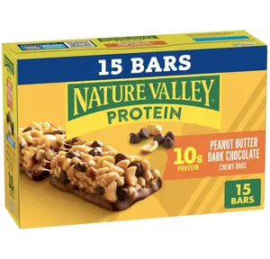Peanut Butter Dark Chocolate Chewy Granola Bars, 15 Bars, 21.3 OZ, High Protein Snack - Corn Sugar Salt Vegetable Milk