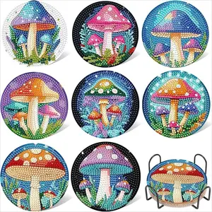 8-Piece Mushroom Pattern Diamond Painting Coaster Set with Stand, Sparkling DIY Supplies for Beginners, Heat-Resistant Drink Mats