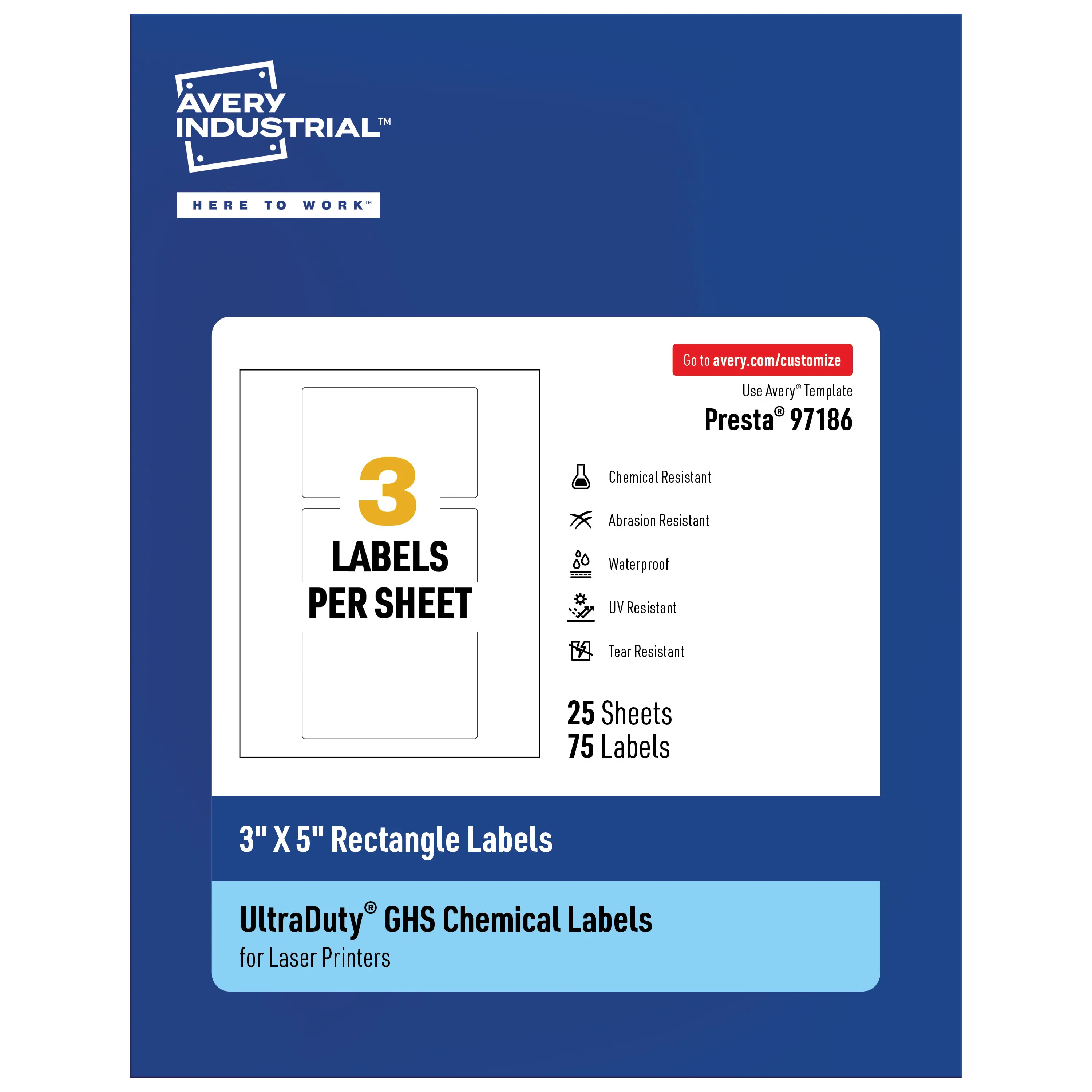 Avery UltraDuty GHS Labels, Waterproof, Rectangle, 3 X 5 Inch, Permanent Adhesive, Compatible with Laser Printers