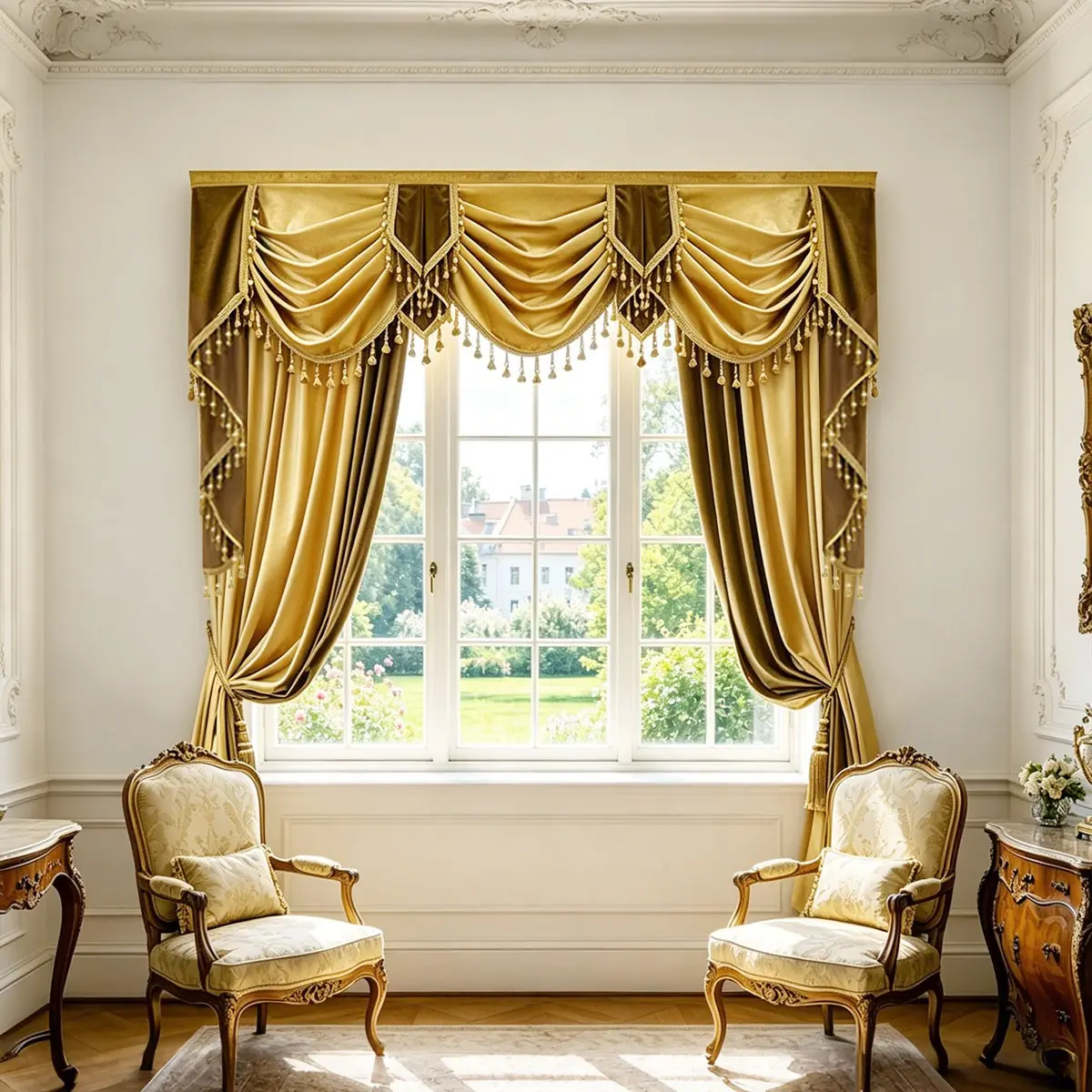 Luxurious European Curtain Set, 2pcs Curtains & 1pc Headpiece, Elegant Fringe Decor, Living Room Bedroom High-End Finished Curtains, Tassel Decor Curtain, Home Decoration Curtain, Home Decorative Curtain, Window Curtains, Interior Decoration Accessories