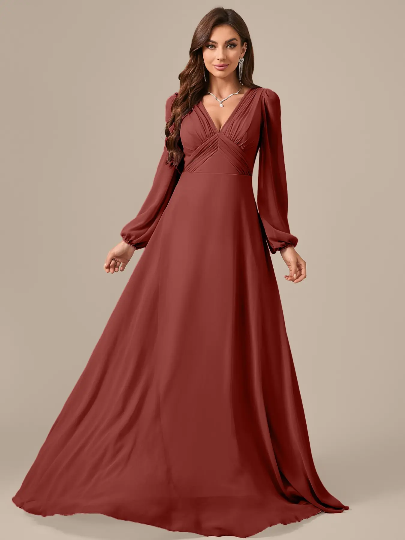 Elegant Ruffled V-Neck Pure Color Chiffon Long Sleeve Waist Cinching A-Line Maxi Maid of Honor Formal Dress, Sophisticated Party Gown, Elegance Womenswear