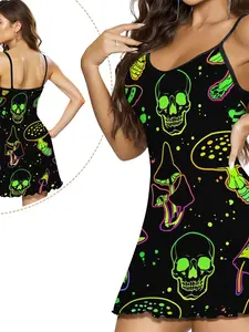 Women's Skull Mushroom Print Casual Nightdress, Spaghetti Strap Slim-Fit Breathable Round Neck Sleepwear, Sexy Summer Loose Fit Dress for Home &, Halloween
