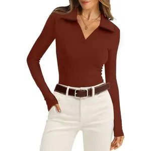 Womens Polo Shirts Long Sleeve Business Casual Tops Collared V Neck Ribbed Knit Sweater Slim Fit BlousesGift