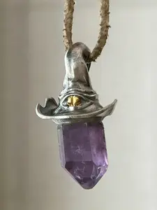 Vintage - Style Wizard Hat & Amethyst Crystal Celestial Pendant Design Necklace, Unique Occult - Inspired Jewelry, for Men & Women, Daily & Special Occasion Wear, Necklaces Men
