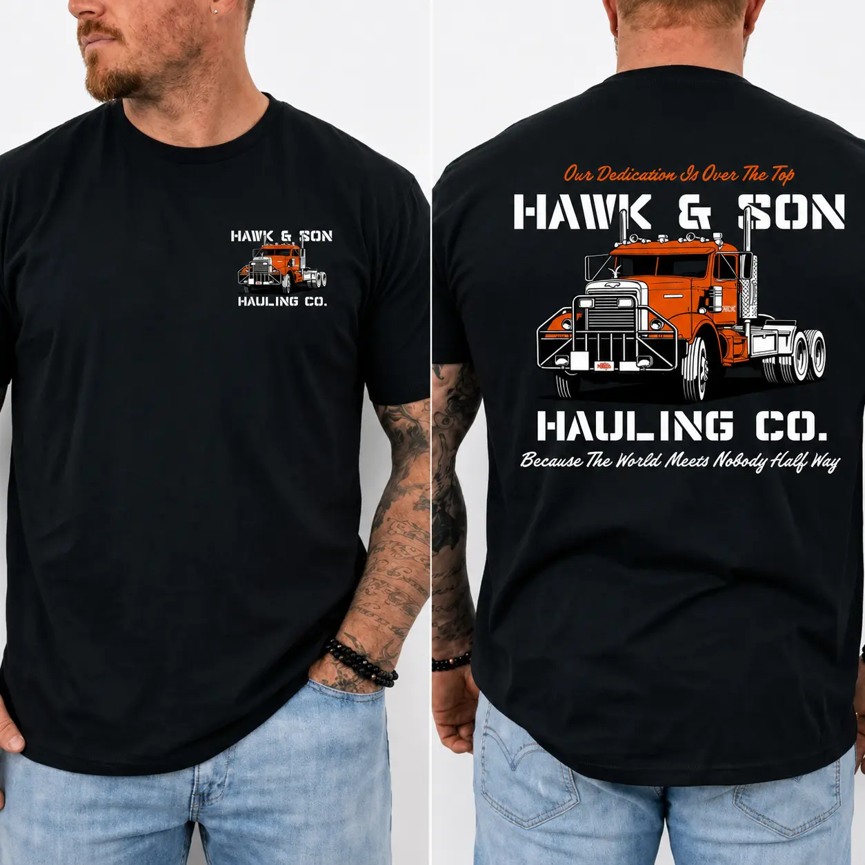 Men's Vintage Cotton Truck Driver Graphic T-Shirt - Hawk & Son Hauling Co Semi Truck Design, Double-Sided Big Rig Tee, Trucker Gift, Casual Workwear (S-4XL)