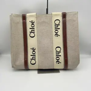 Pre-owned Chloé h9 Woody Series Canvas Tote Bag — Beige & Brown Color block 61545