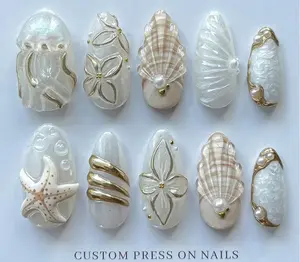 3D Jellyfish Starfish Medium Almond Press On Nails, Summer Ocean-Inspired Nails, Custom Design Nail Art, Vacation Holiday Nails Satamiis