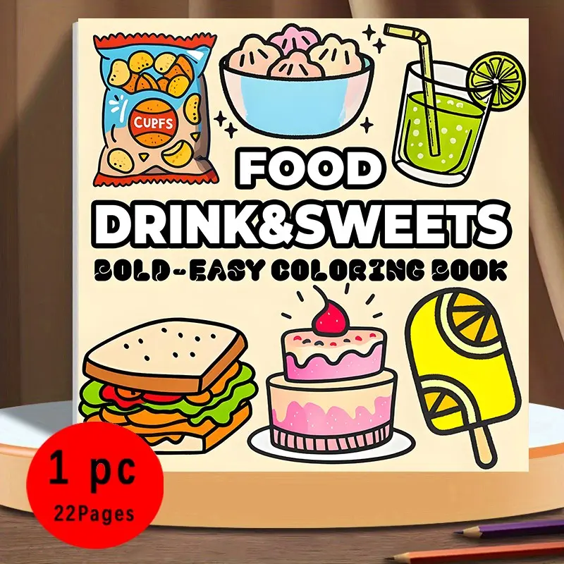 Food Drink & Sweets Bold & Easy Coloring Book for Kids & Adults - 22 Easy Coloring Pages, 120gsm Thick No Bleed Paper, Non-Toxic Odorless, Perfect for Stress Relief, ASMR Coloring & Mindfulness