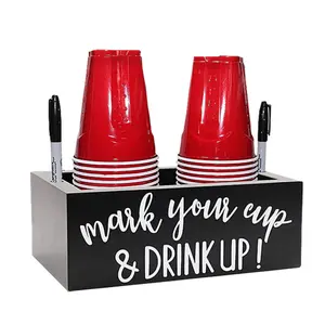 Stylish Wooden Beverage Organizer with Labeling Slots Double Tier Cup Holder for Weddings Parties and Home Decor