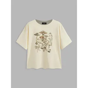 Cider [2 colors, size 0-26] Jersey Round Neckline Mushroom Short Sleeve Top Curve & Plus