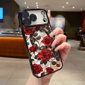 Elegant rose transparent phone case, electroplated PC material, supports wireless charging, compatible with iPhone 17air/iPhone 17/16/15/14promax/plus, a fashionable gift for women