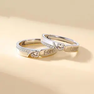 Eternal Love Couple's Ring Set High-Quality Copper Open Design for Long-Distance Relationships Stylish Versatile Commemorative Gift with Heart Accents