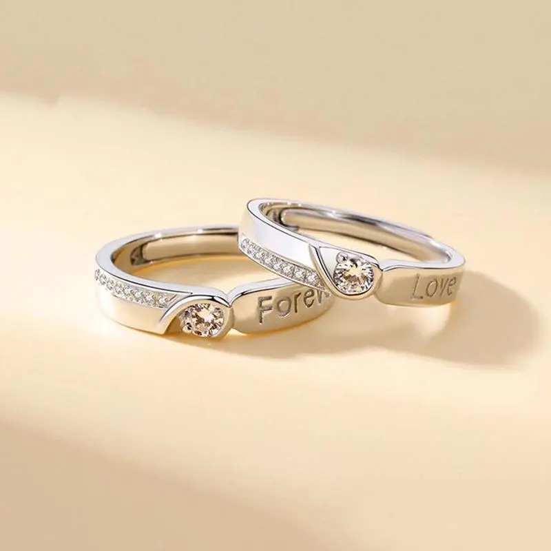 Eternal Love Couple's Ring Set High-Quality Copper Open Design for Long-Distance Relationships Stylish Versatile Commemorative Gift with Heart Accents