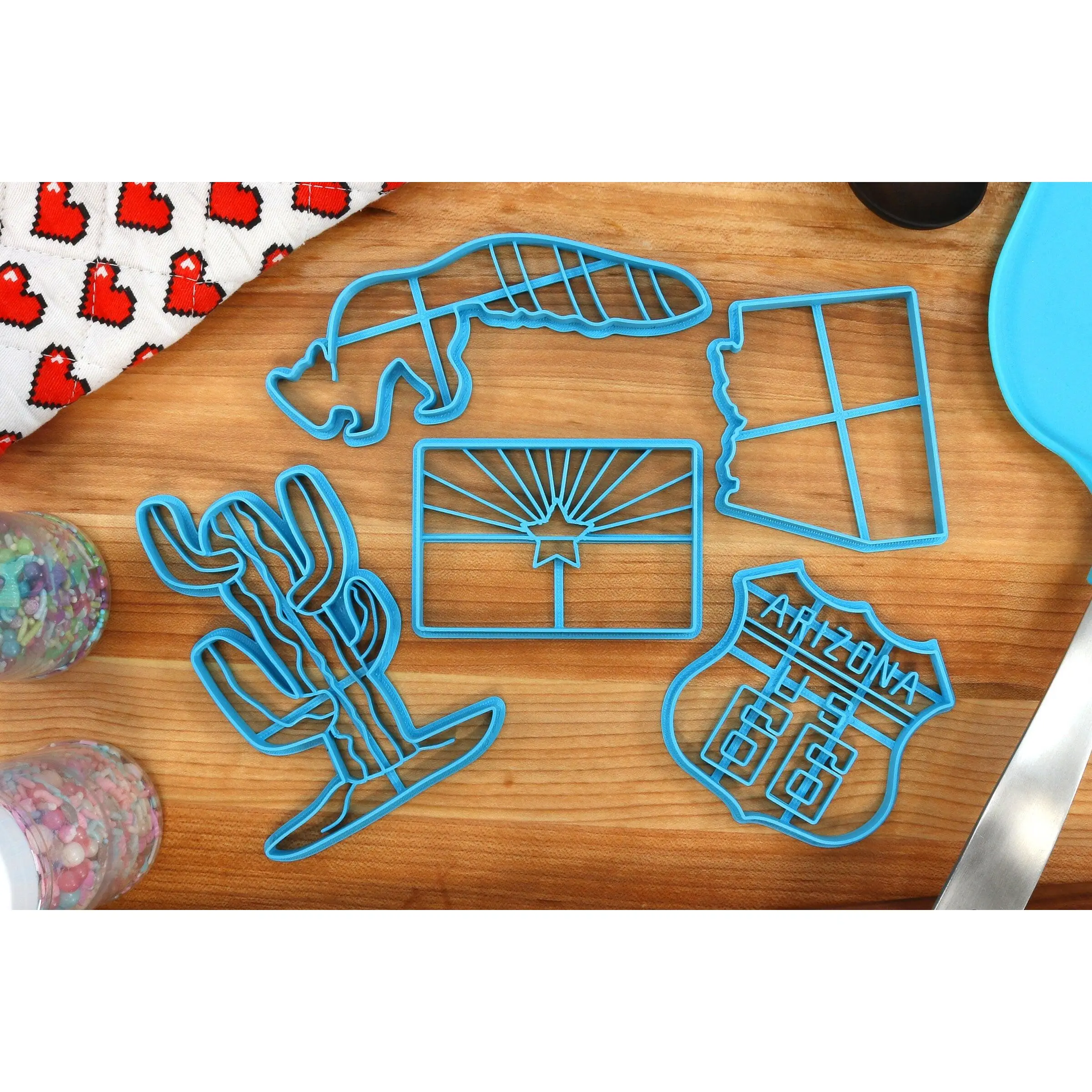Arizona State Cookie Cutters - Arizona Outline, Arizona Flag, Route 66, Desert Cactus, Ring Tailed Cat