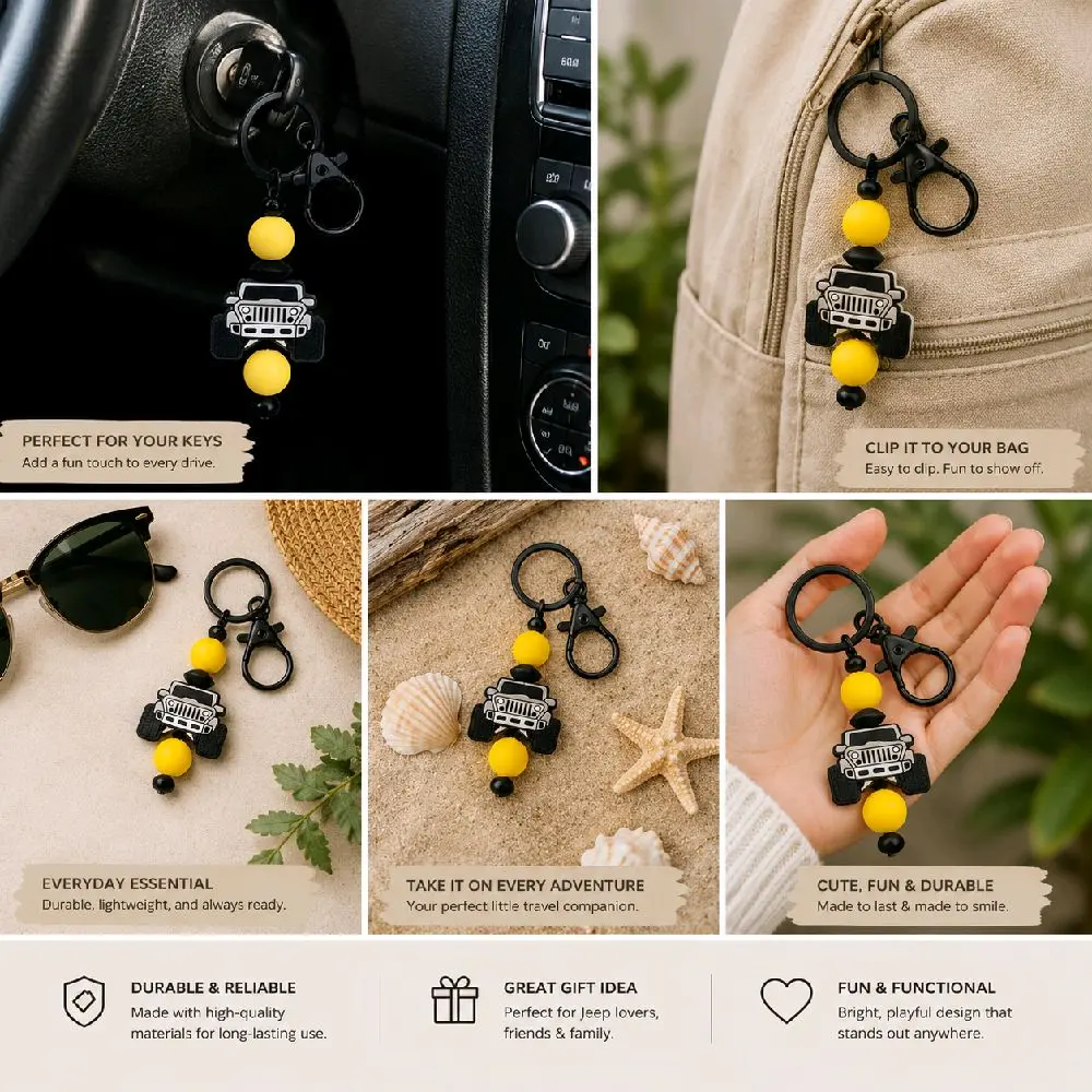Grey and Yellow 4x4 Beaded Keychain | Cute 4x4 Lover Accessory | Handmade Silicone Bead Key Ring